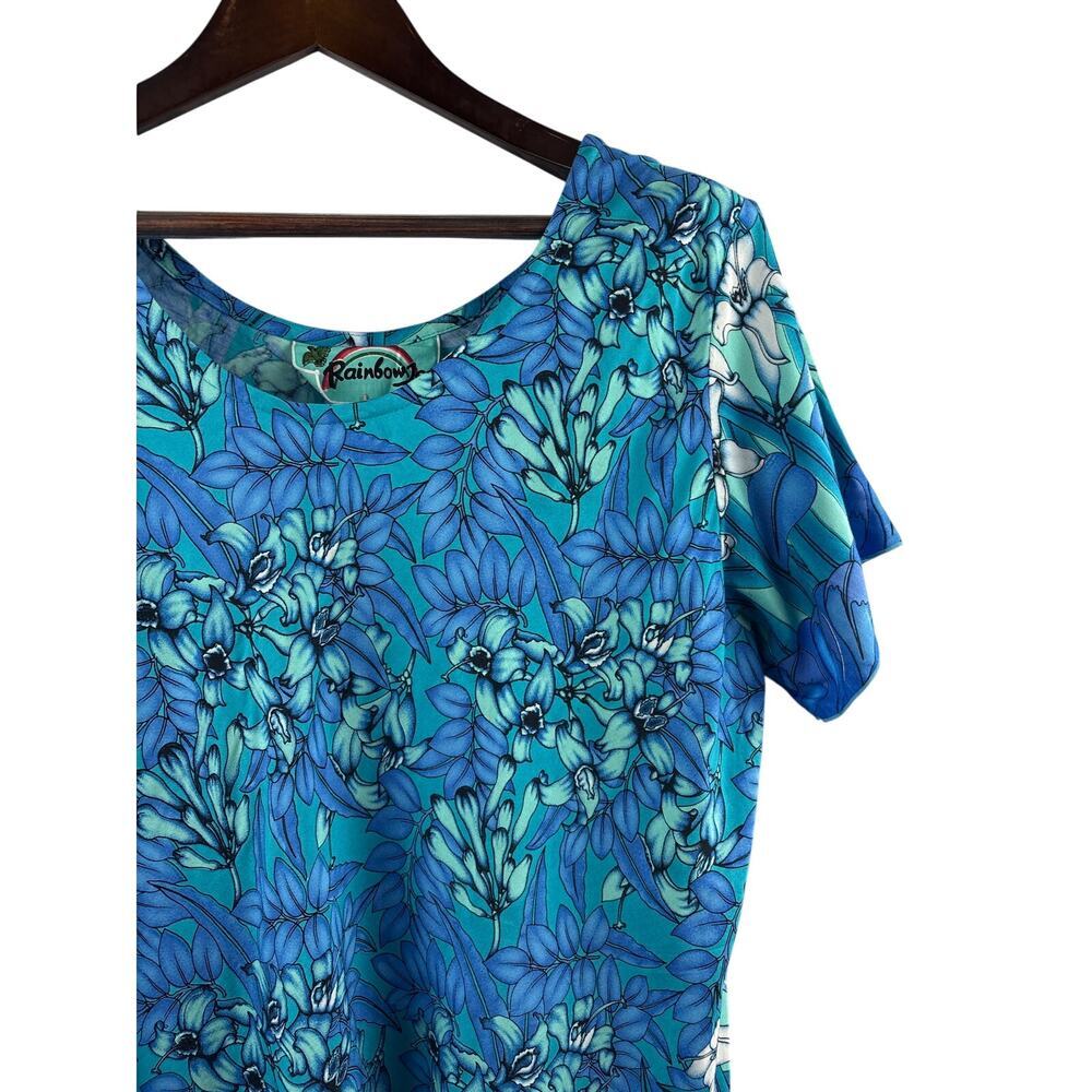 Women’s Rainbow Jo 1XL Blue Floral Short Sleeve Blouse - Picture 2 of 6